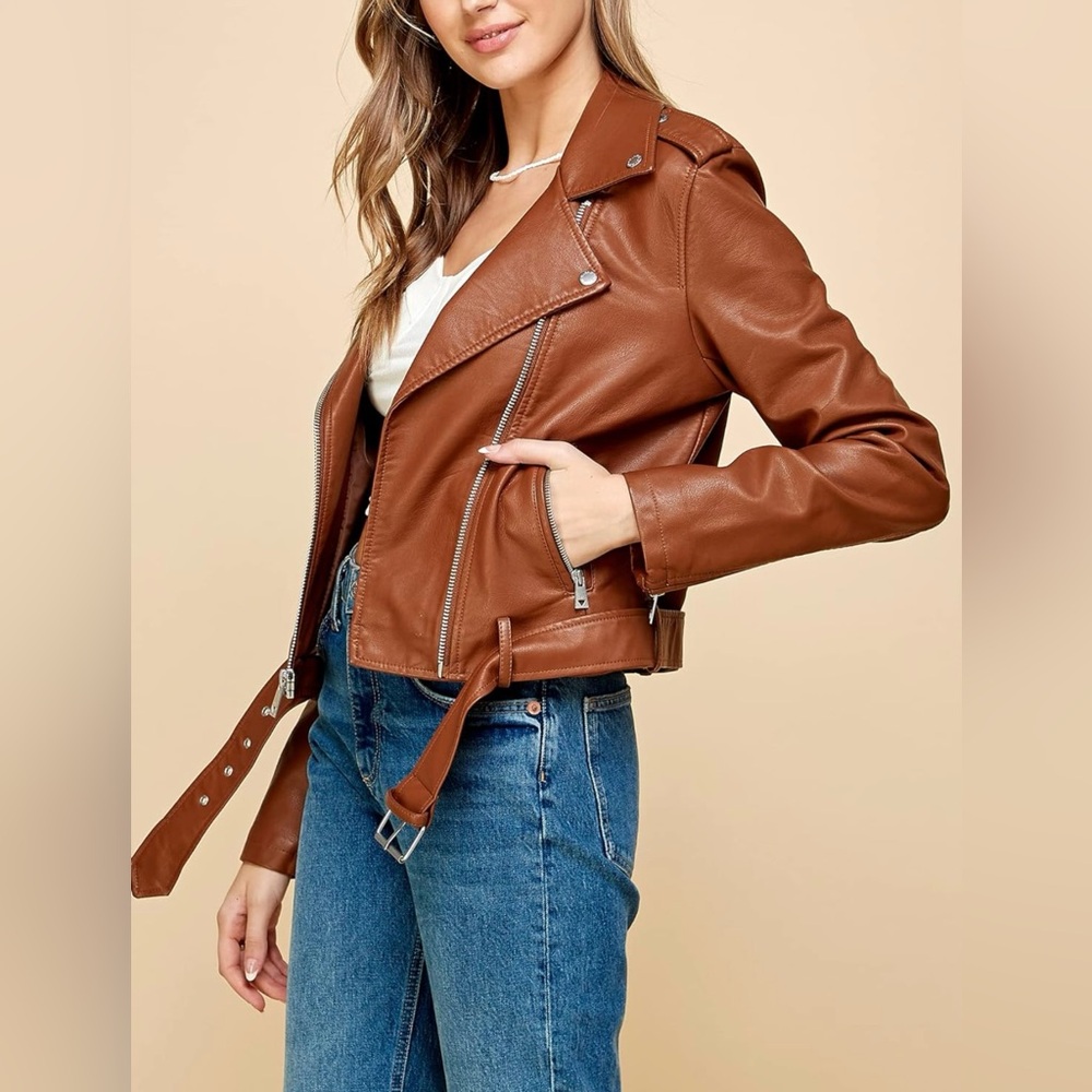 Faux Leather Zip Up Moto Biker Jacket -camel - Picture 2 of 7